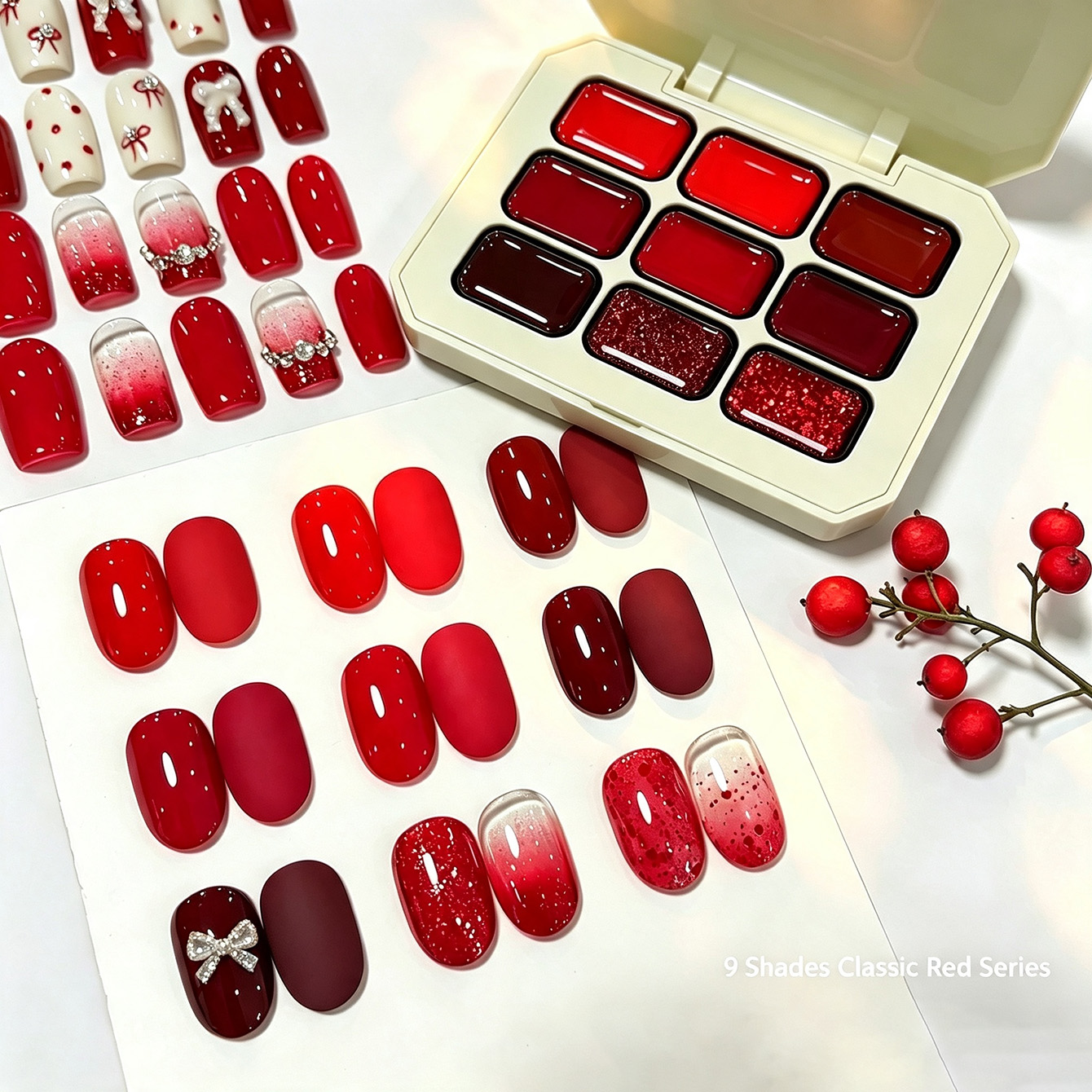 Resin Glitter Pack - 9 สี เจลทาเล็บสีแดงคลาสสิกแบบทึบแสง Pat-pat Gel, ชุดยาทาเล็บกลิตเตอร์สีแดงเชอร์รี่สำหรับคริสต์มาสและปีใหม่